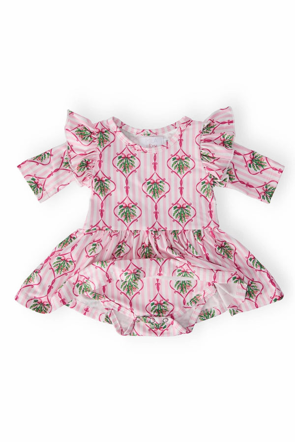 baby pink twirl flutter bodysuit with green leaf print and flutter sleeves