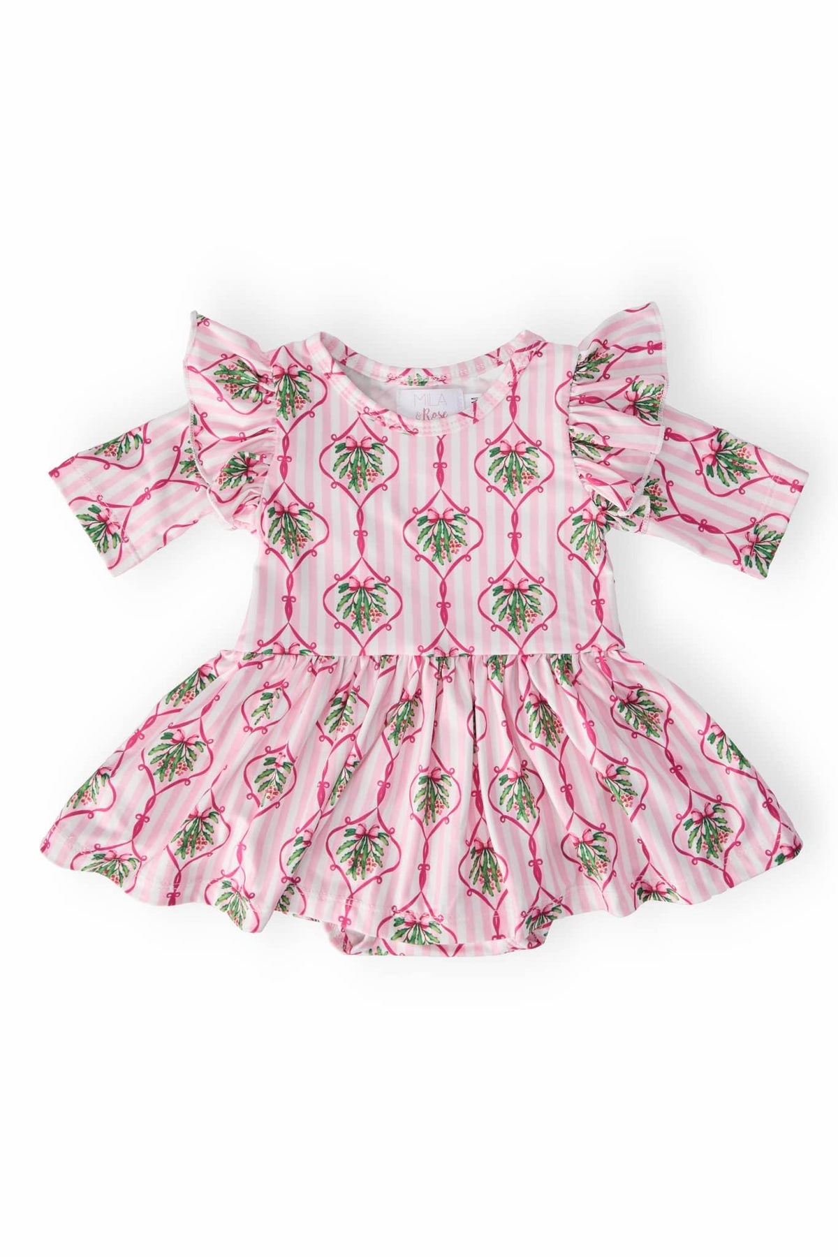 Baby pink twirl flutter bodysuit with green leaf print and flutter sleeves for infants