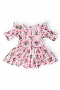 Baby pink twirl flutter bodysuit with green leaf print and flutter sleeves for infants
