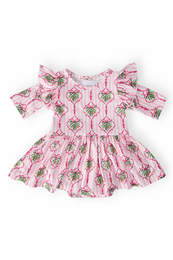 Baby pink twirl flutter bodysuit with green leaf print and flutter sleeves for infants