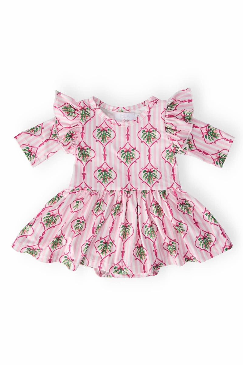 Baby pink twirl flutter bodysuit with green leaf print and flutter sleeves for infants