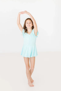 Girls light blue short sleeve twirl leotard with skirt by Mila & Rose in child size