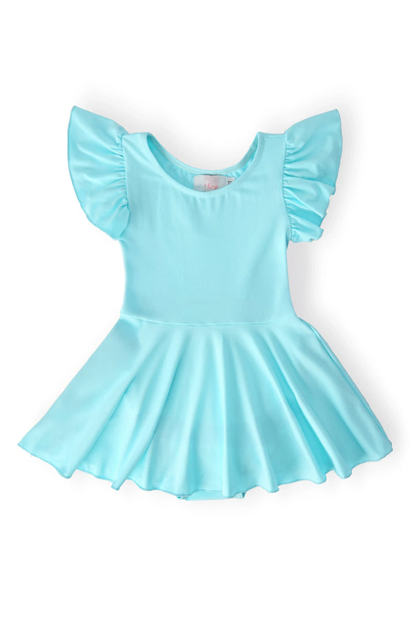 Girls light blue twirl leotard short sleeve with ruffle shoulders and flared skirt
