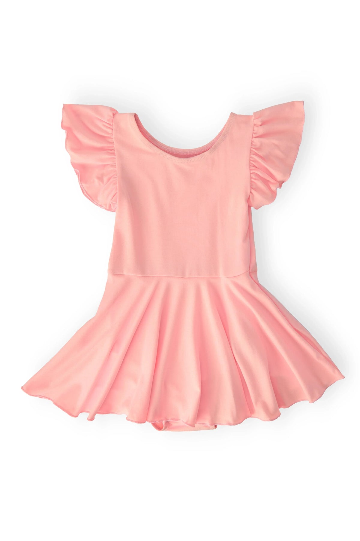 Girls pink twirl leotard short sleeve with ruffled shoulders and flared skirt