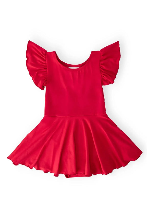 Girls red twirl leotard short sleeve with ruffled shoulders by Mila & Rose