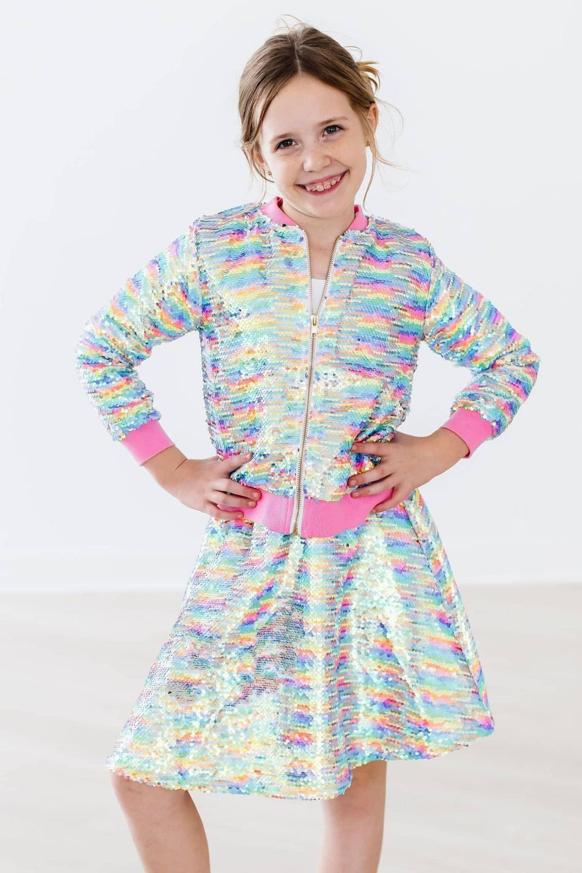 Girls multicolor sequin twirl skort for girls with zip front and pink cuffs in size 7-8