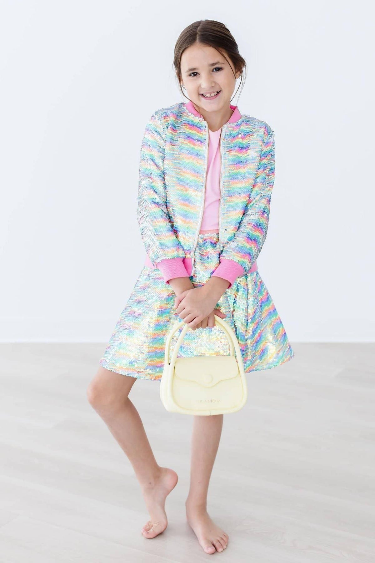 Mila & Rose girls pastel multicolor sequin twirl skort for girls with matching jacket and pink trim