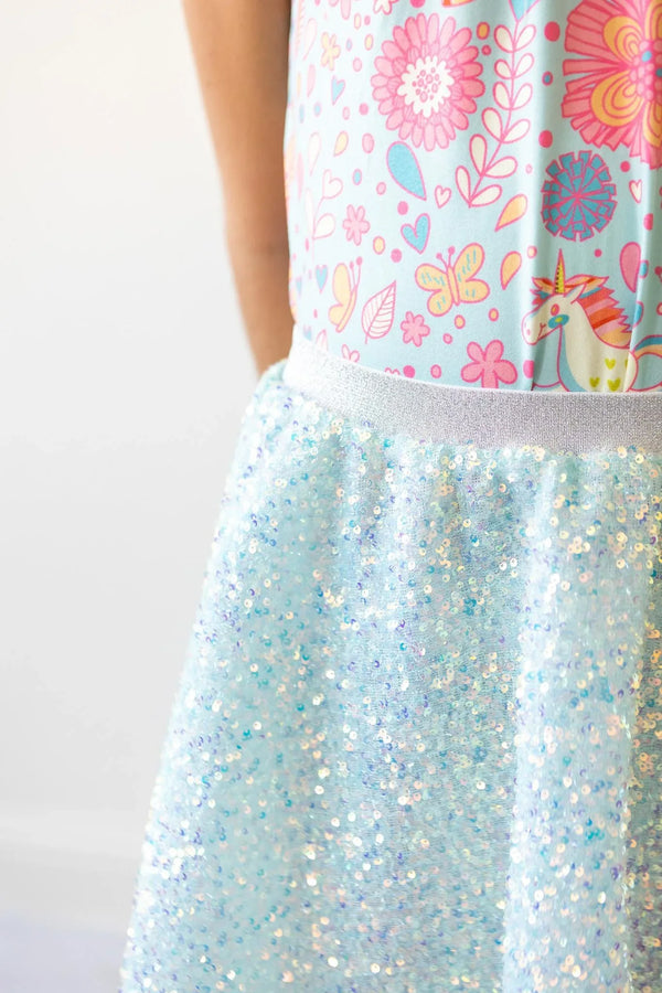 girls light blue sequin twirl skort with glittery waistband by Mila & Rose