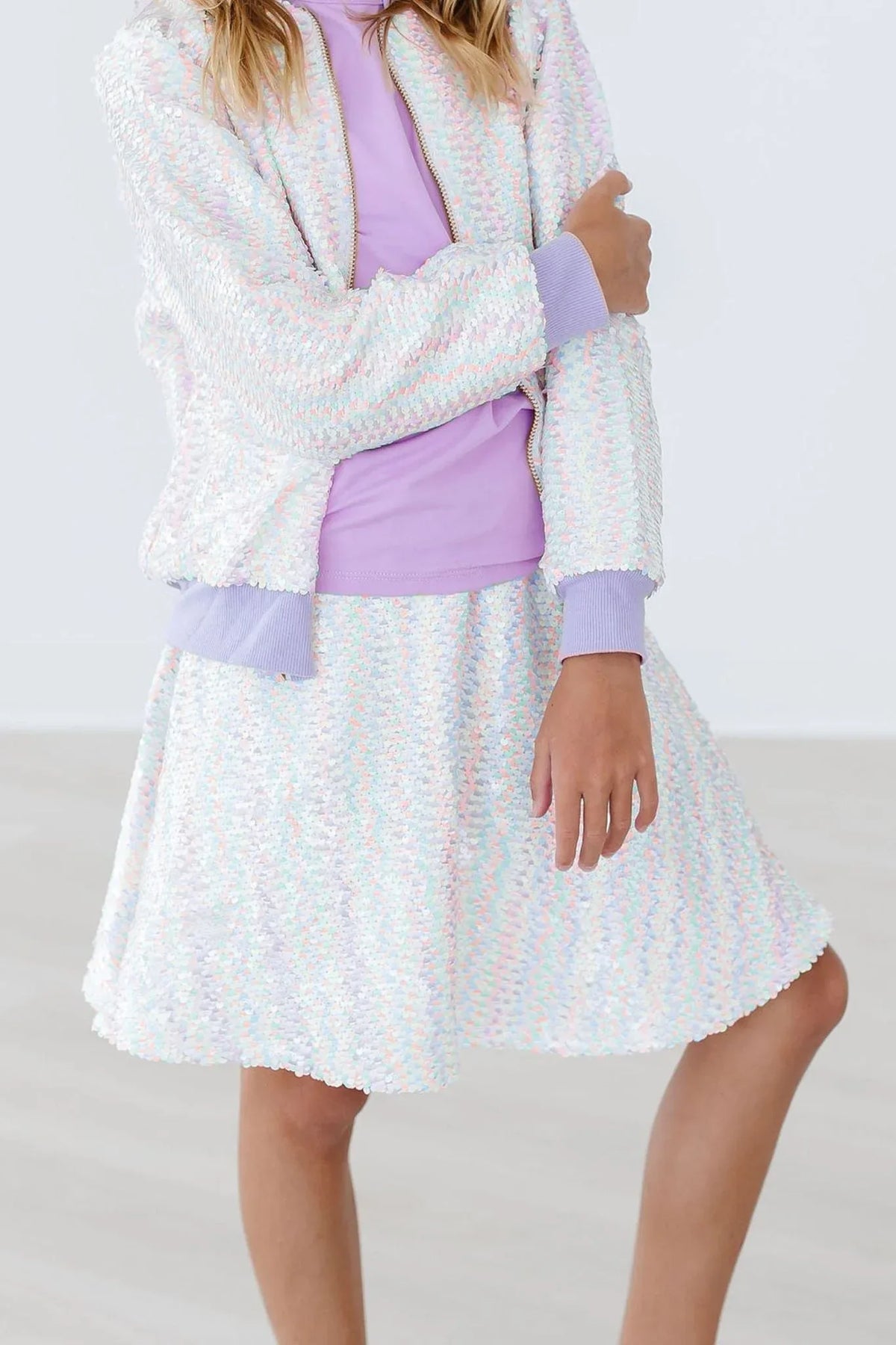 girls white sequin twirl skort with iridescent shimmer and matching jacket