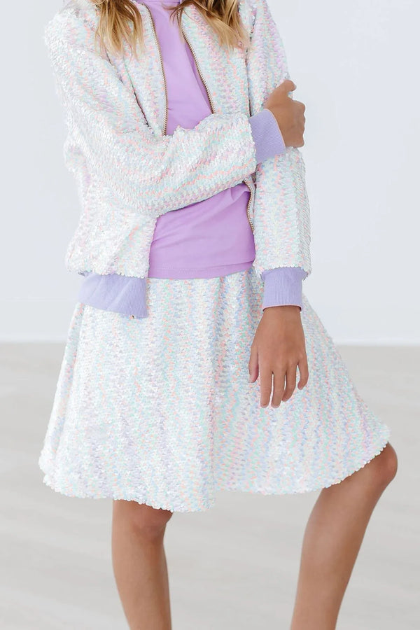 girls white sequin twirl skort with iridescent shimmer and matching jacket