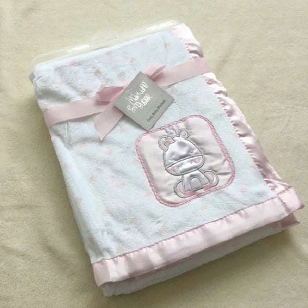 white and pink ultra soft baby blanket with satin trim and embroidered animal for newborns