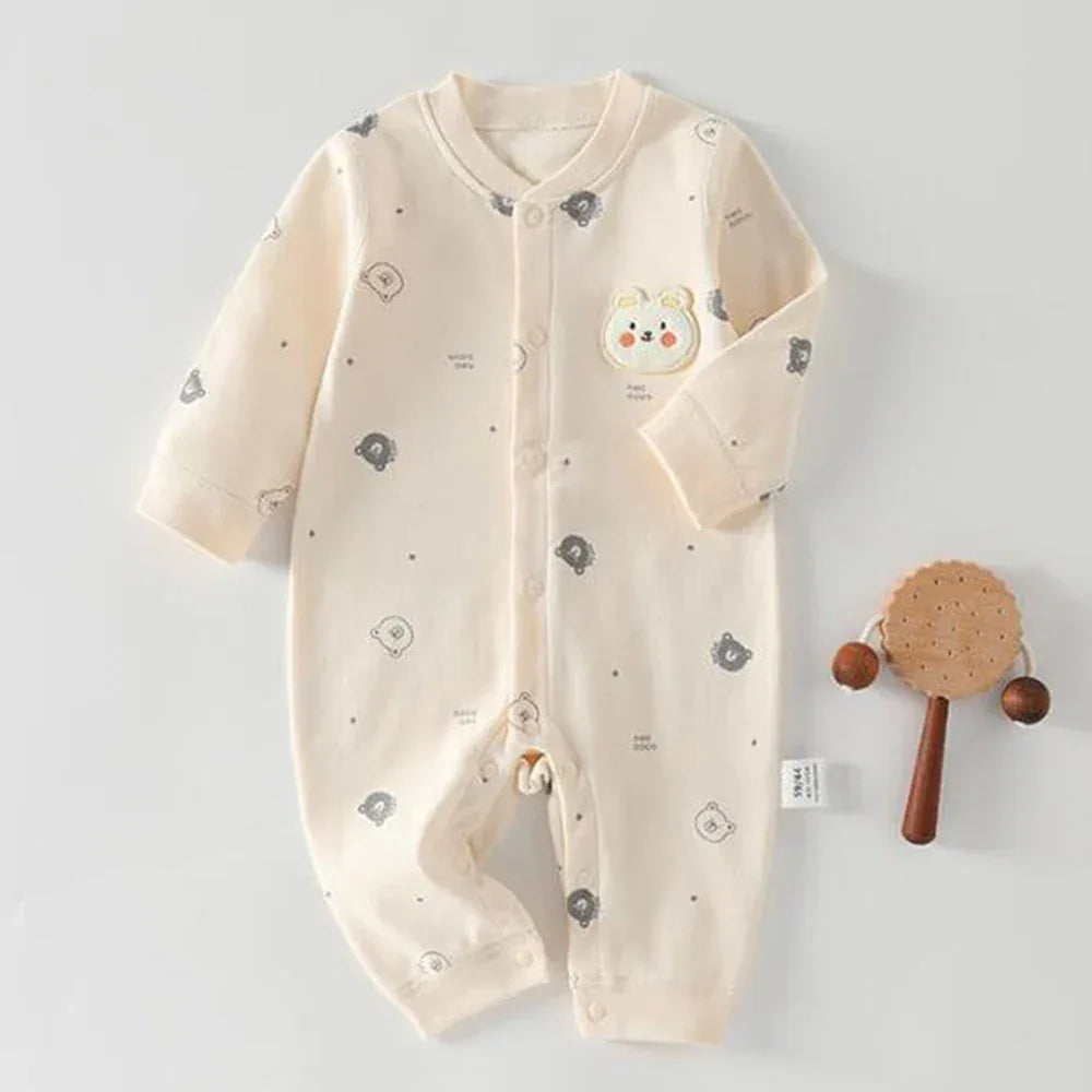 Cream long sleeve baby romper for newborns with cute bear face design ultra soft baby romper