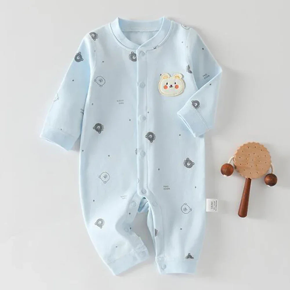 Light blue ultra soft baby romper with bear face patch and long sleeves for infants