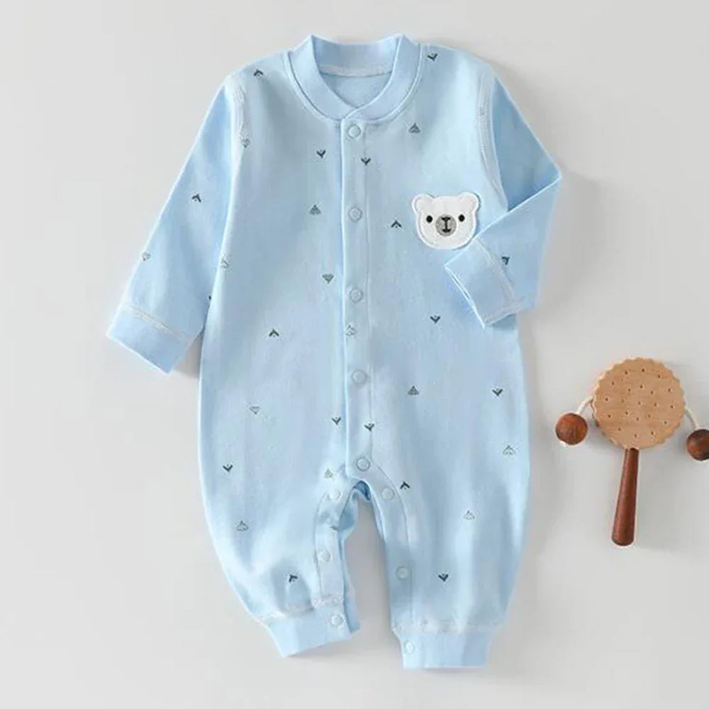 Light blue long sleeve baby romper with bear patch for newborns ultra soft baby romper