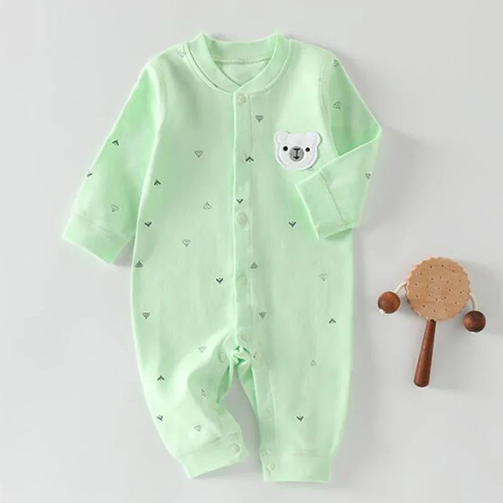 Mint green ultra soft baby romper for infants with long sleeves and cute bear patch detail