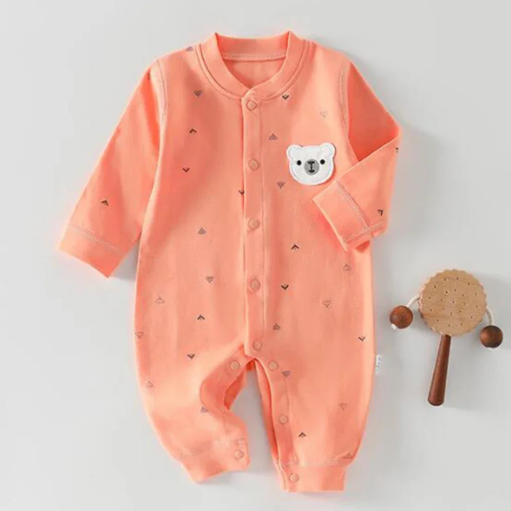 Peach ultra soft baby romper for newborns with long sleeves and bear face applique
