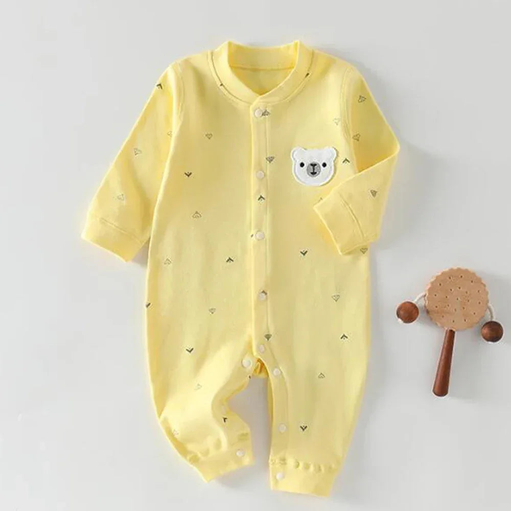 Yellow ultra soft baby romper with long sleeves and bear face patch for infants