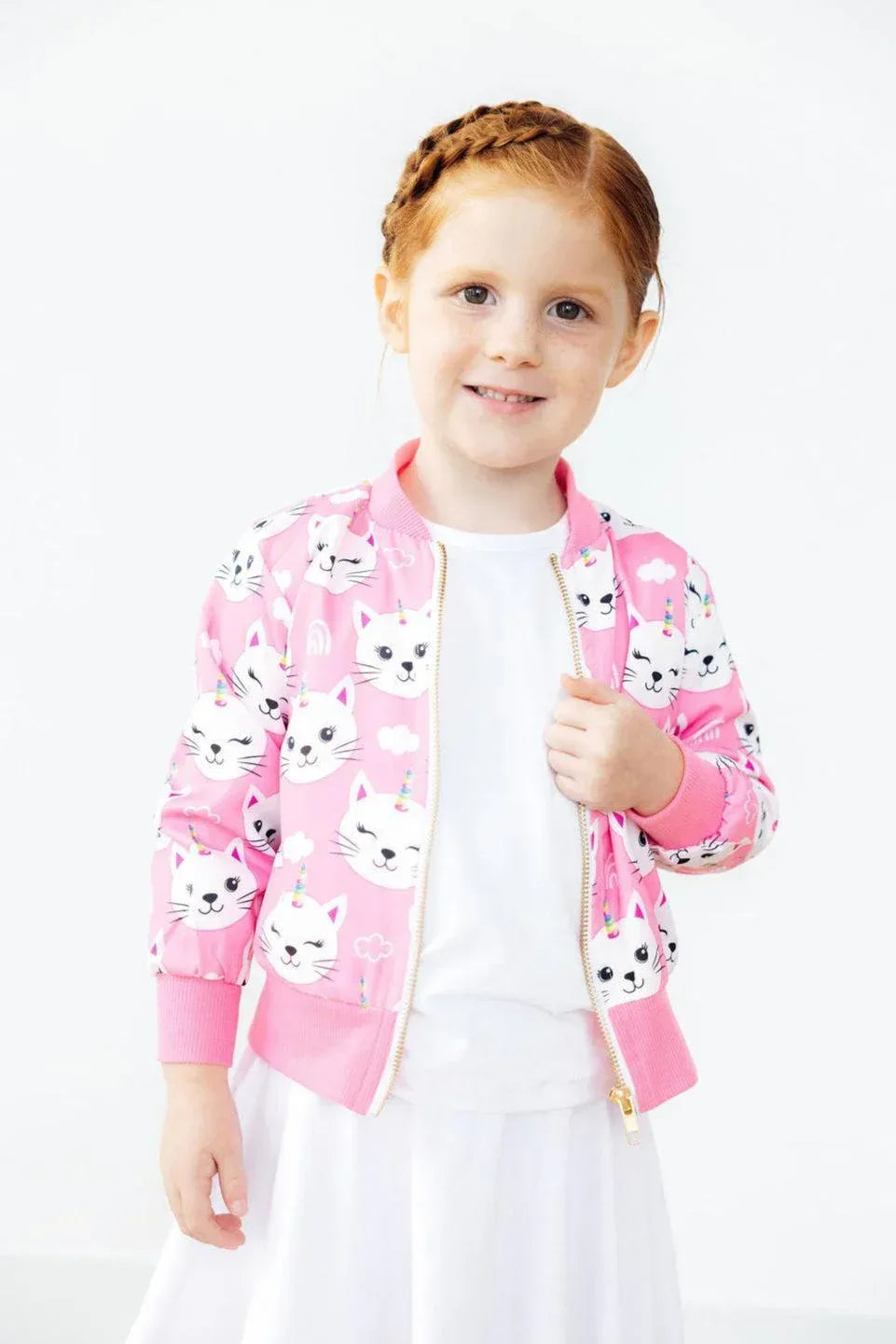 Girls pink unicorn kitties girls satin jacket with full zip and ribbed cuffs for kids