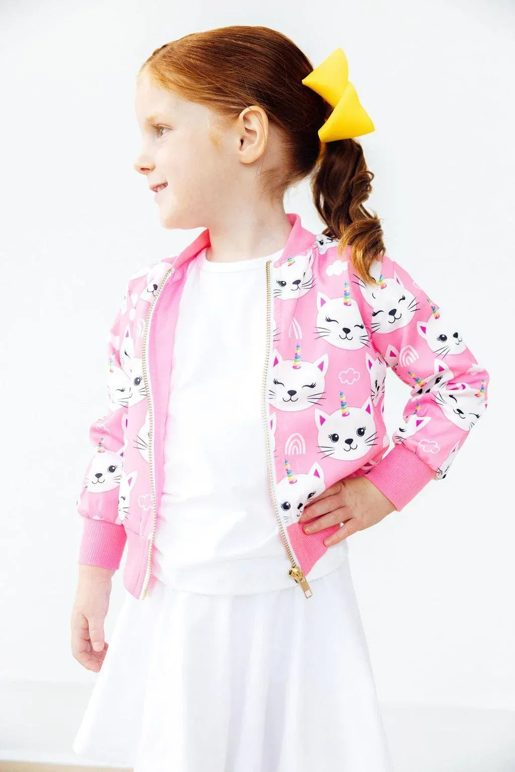 Pink girls satin jacket with unicorn kitties print for kids, long sleeve and front zipper