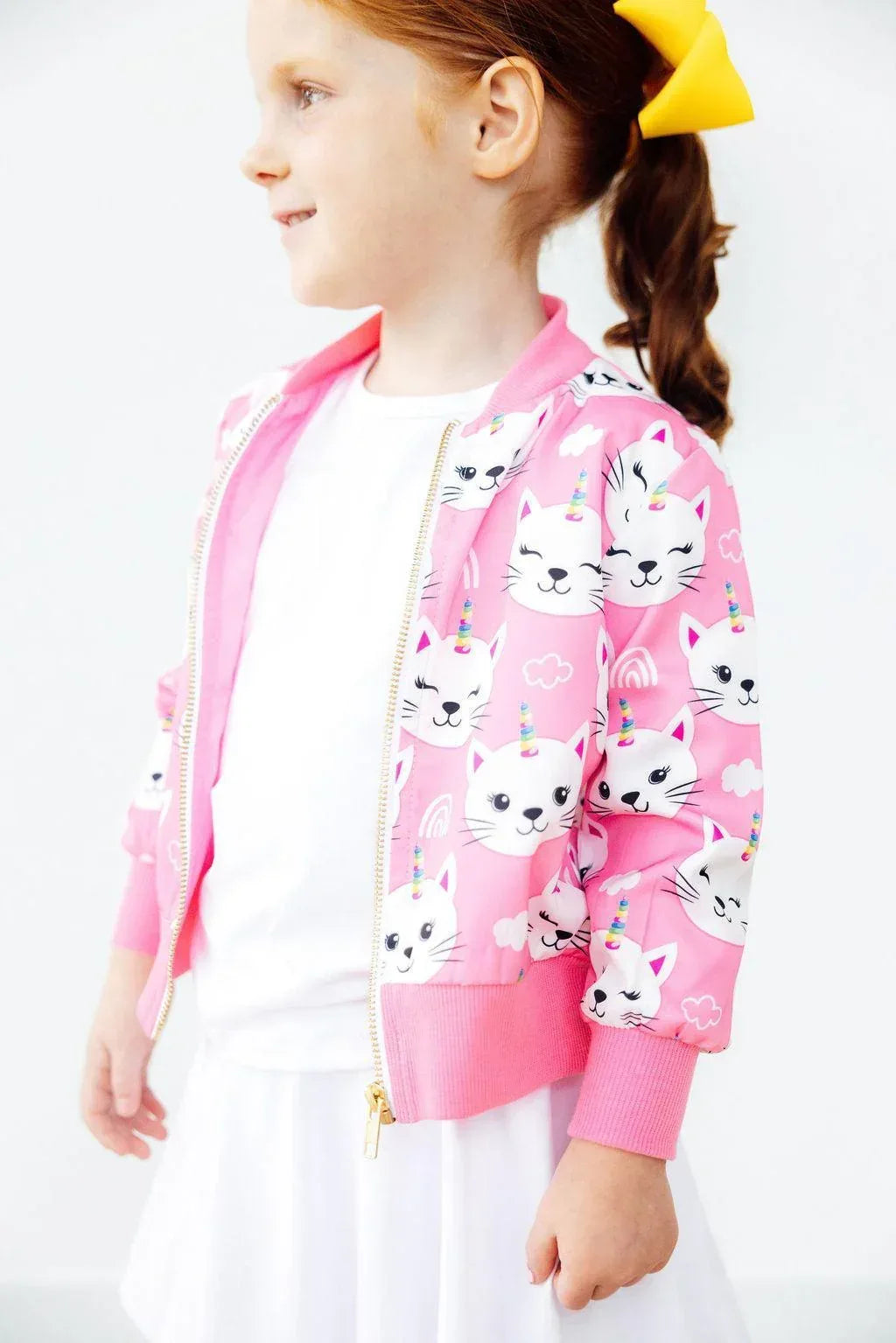 Pink girls satin jacket with unicorn kitties print for toddlers by Mila & Rose