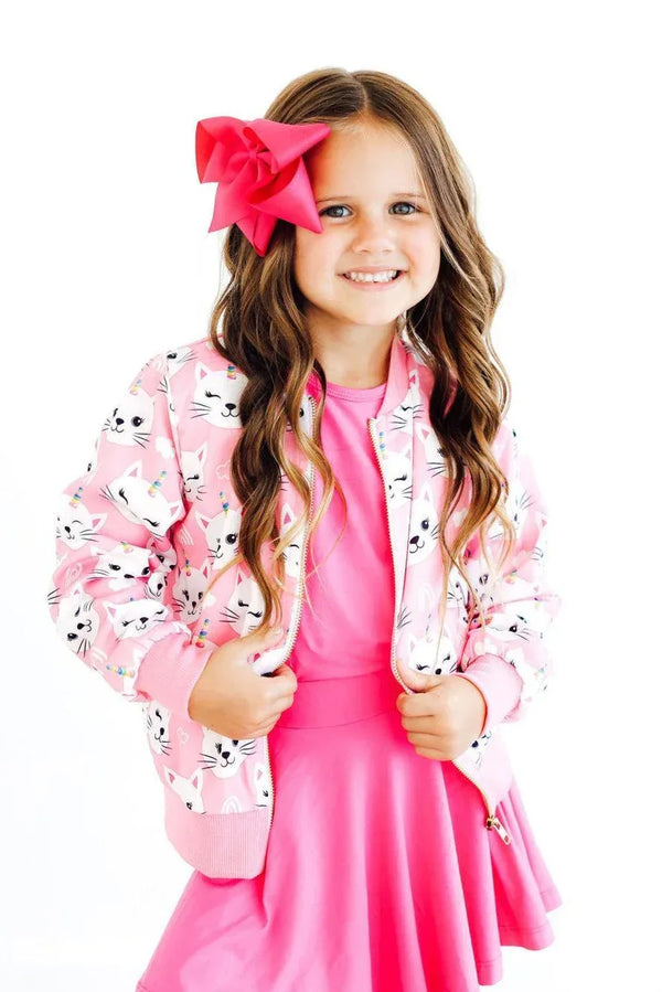 Girls pink satin jacket with unicorn kitties pattern, long sleeve, for young girls by Mila & Rose