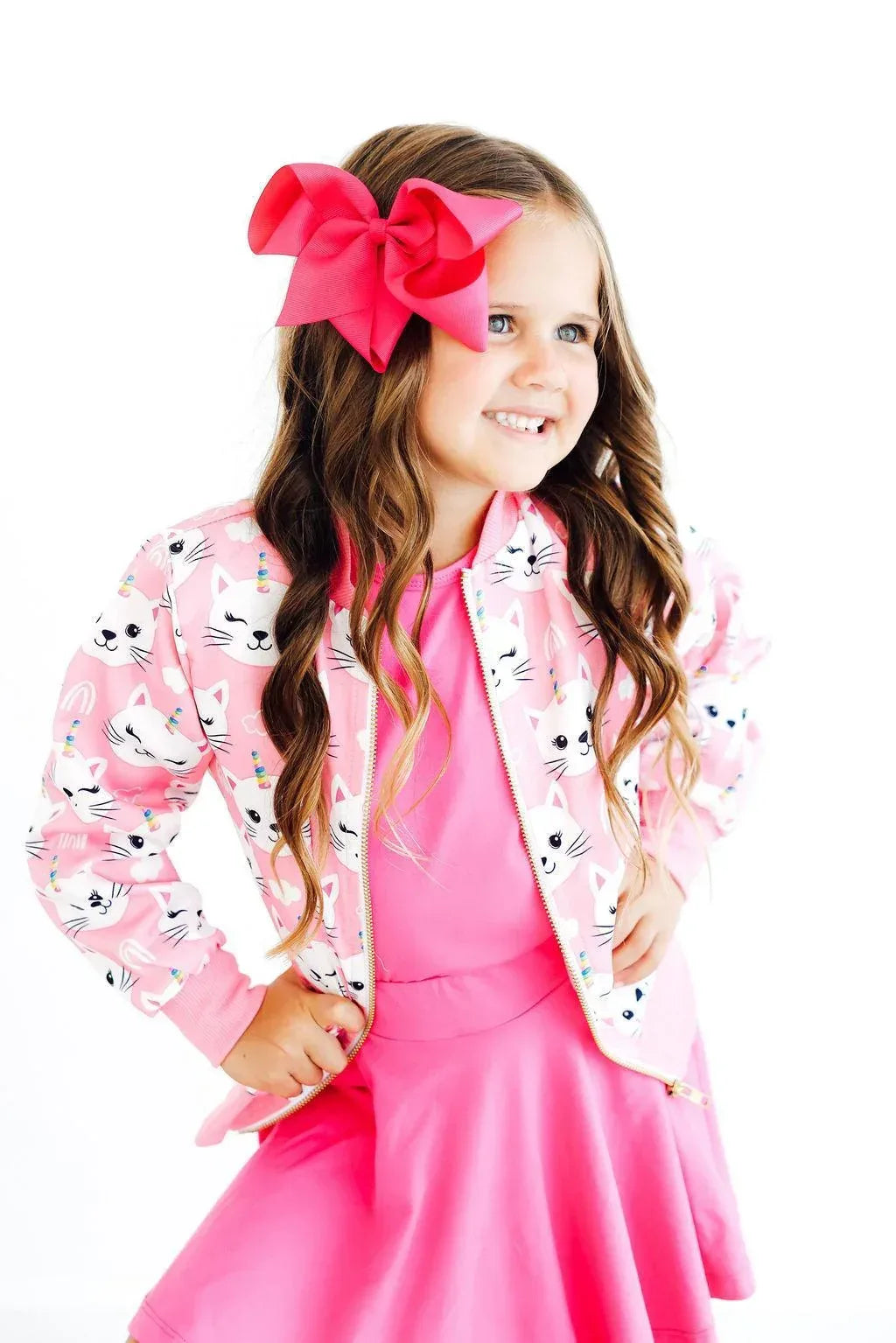 Girls pink unicorn kitties girls satin jacket with white cat print, long sleeve, age 4-6
