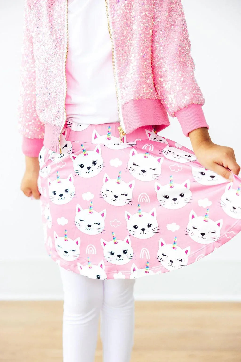 Girls pink unicorn kitty leggings skirt for girls with white unicorn cat faces size small