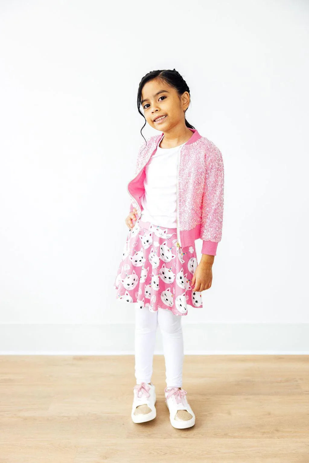 Girls pink unicorn kitty leggings skirt for girls with white leggings and pink jacket