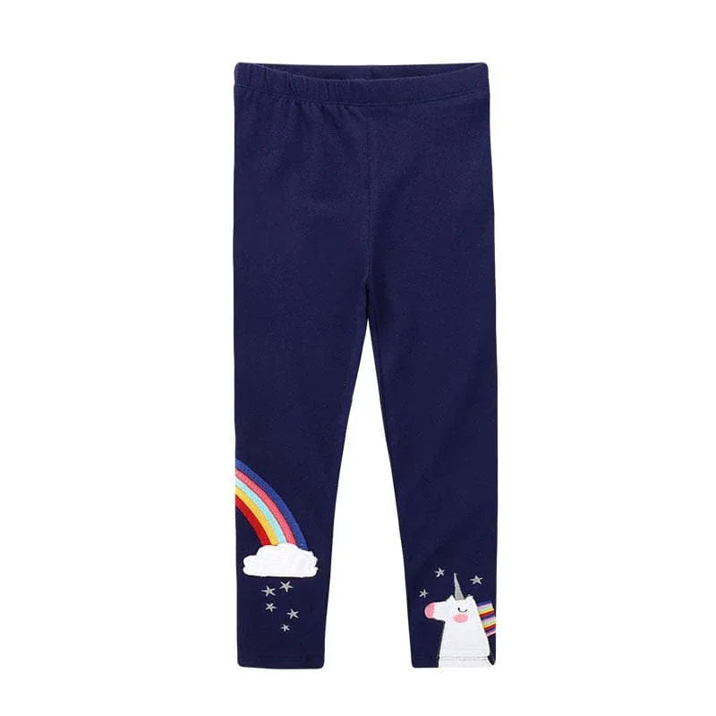 Girls navy unicorn leggings for girls with rainbow and cloud design, toddler size