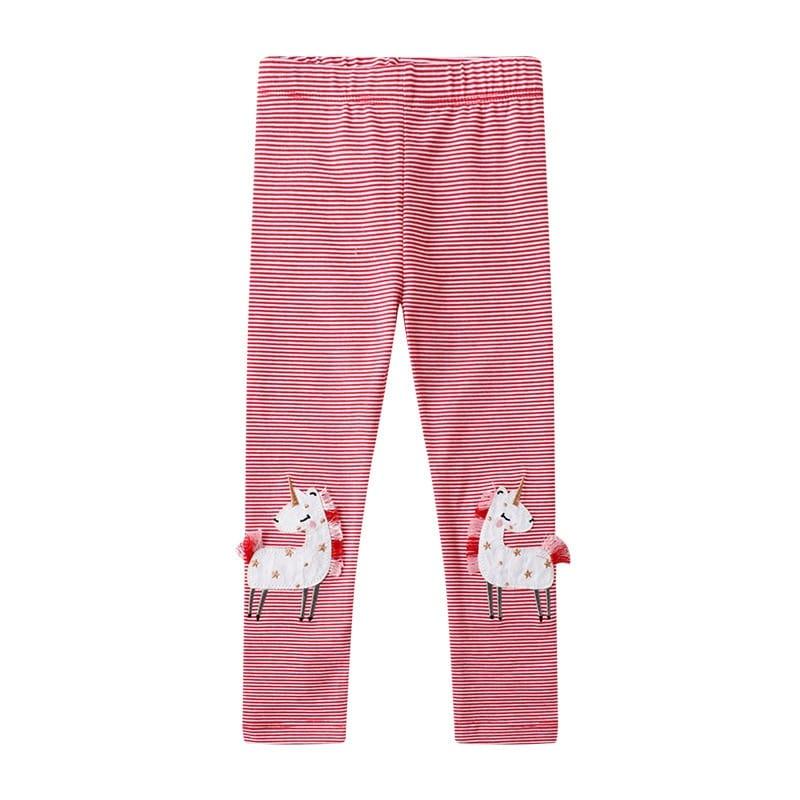 Girls pink and white striped unicorn leggings for girls with 3D unicorn applique on knees