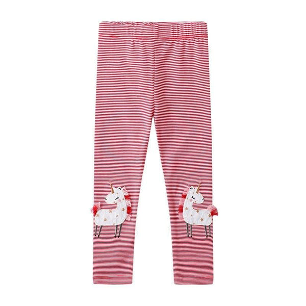 Girls pink and white striped unicorn leggings for girls with 3D unicorn applique on knees