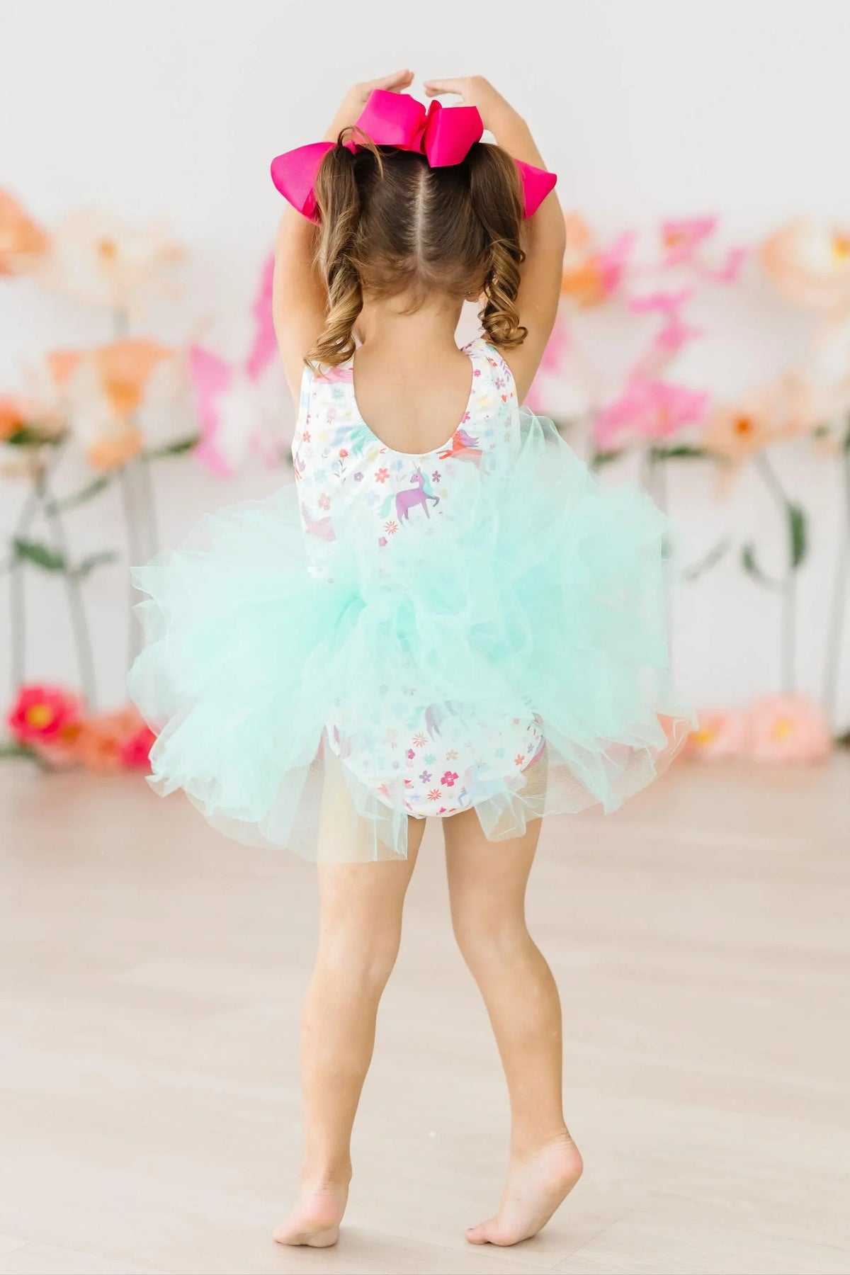Mila & Rose girls unicorn tutu leotard for girls with pink and blue unicorn print and mint green tutu