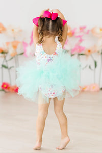 Mila & Rose girls unicorn tutu leotard for girls with pink and blue unicorn print and mint green tutu