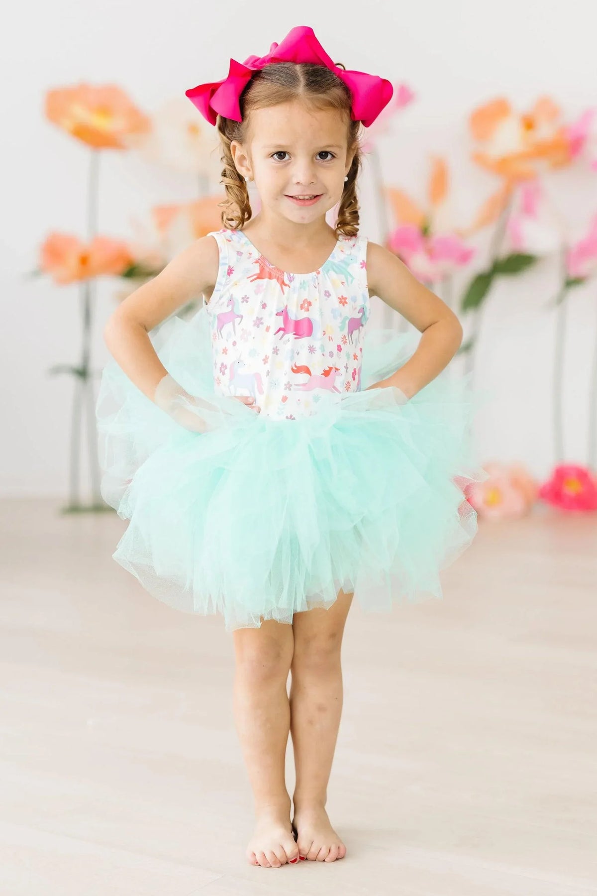 Girls unicorn tutu leotard for girls with pink and white top and mint green tulle skirt, toddler size