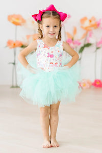 Girls unicorn tutu leotard for girls with pink and white top and mint green tulle skirt, toddler size
