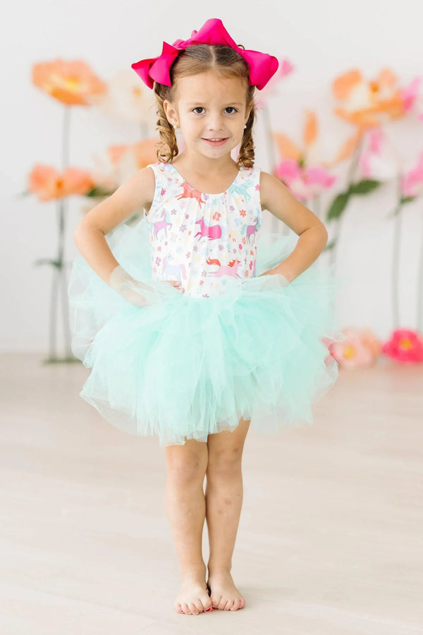 Girls unicorn tutu leotard for girls with pink and white top and mint green tulle skirt, toddler size
