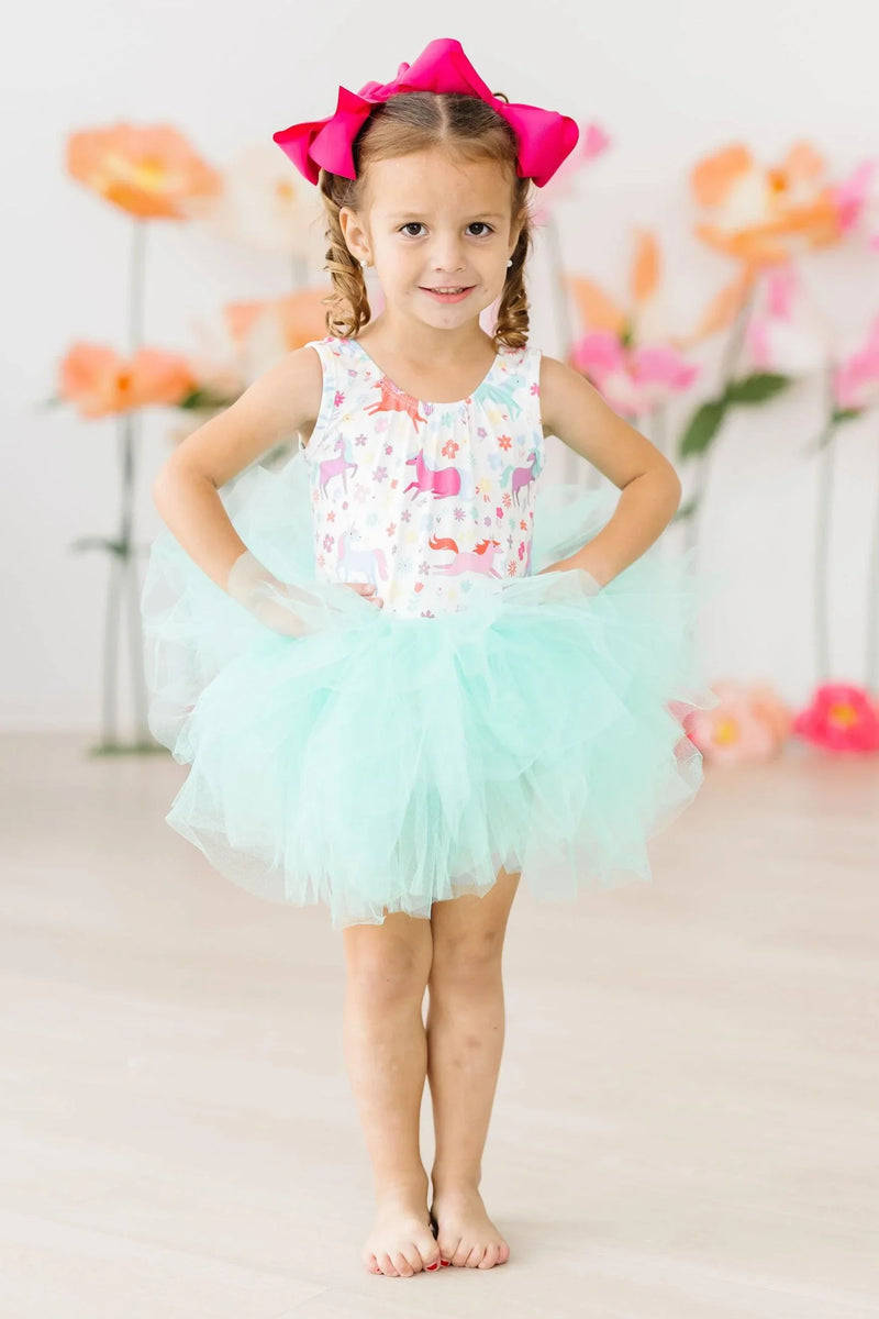 Girls unicorn tutu leotard for girls with pink and white top and mint green tulle skirt, toddler size
