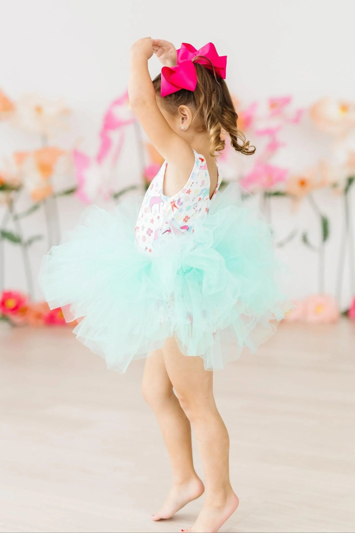Girls unicorn tutu leotard for girls in white with colorful unicorn print and mint green tulle tutu