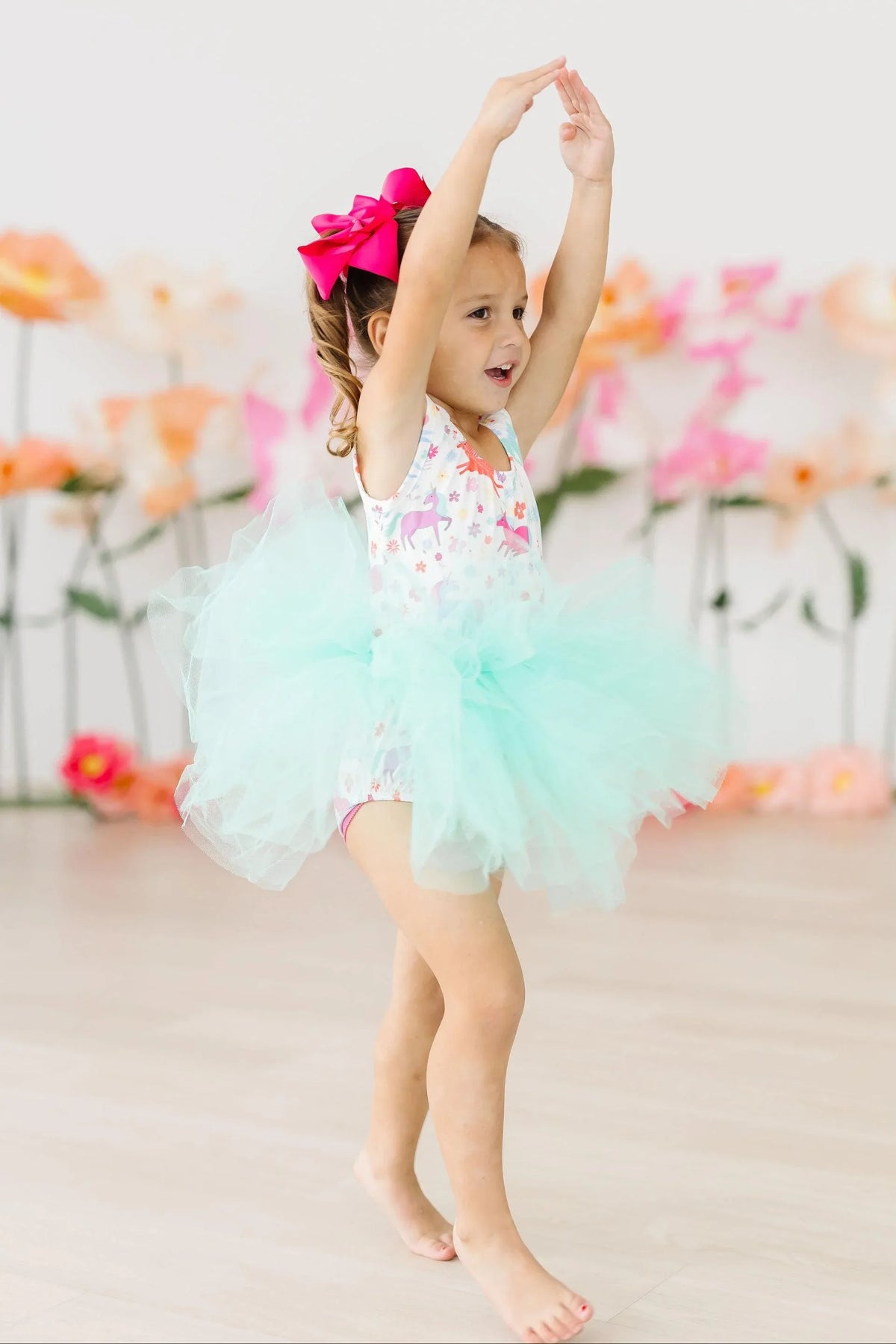 Mila & Rose girls unicorn tutu leotard for girls in white with pink unicorns and mint green tutu