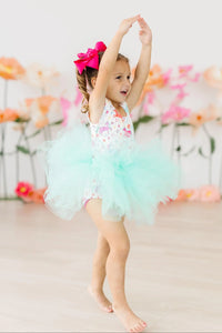 Mila & Rose girls unicorn tutu leotard for girls in white with pink unicorns and mint green tutu