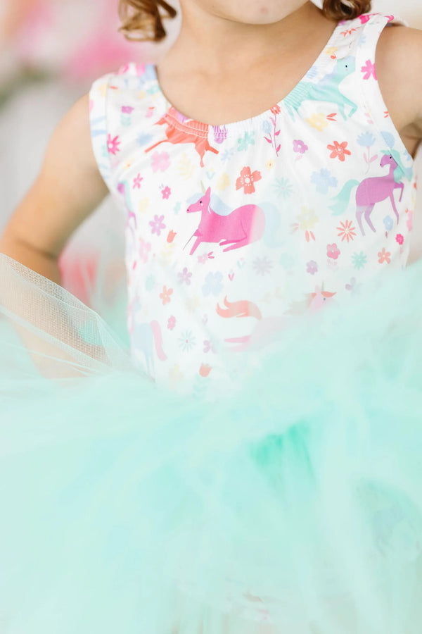 Girls white unicorn tutu leotard for girls with colorful unicorn print and mint green tulle skirt