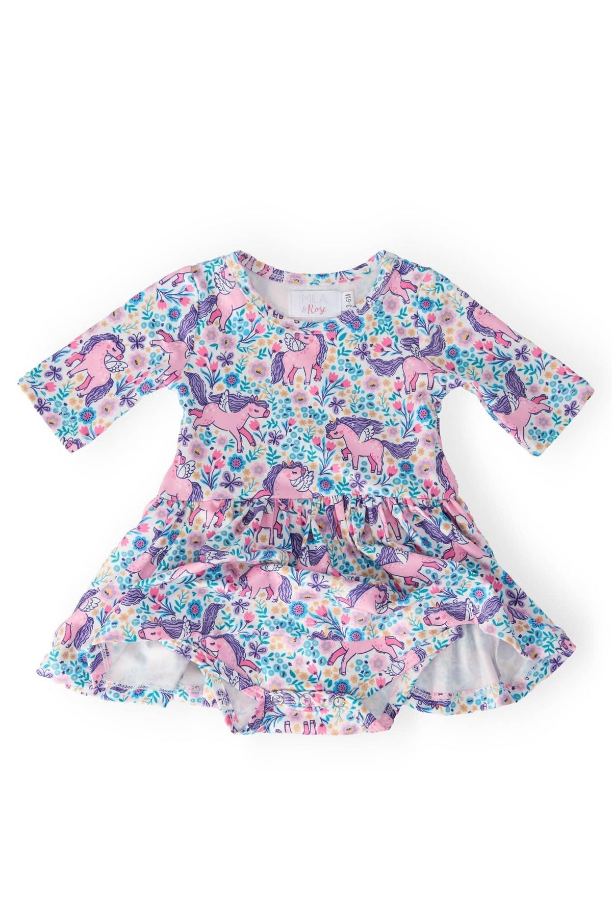 Infant girl unicorn twirl bodysuit for girls with sleeves in pink and blue floral pattern