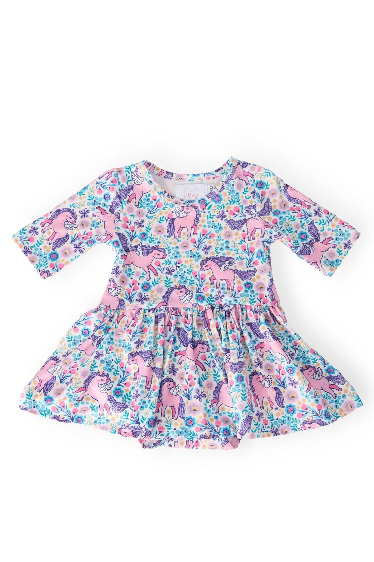 Toddler unicorn twirl bodysuit for girls with sleeves in pink and blue floral print