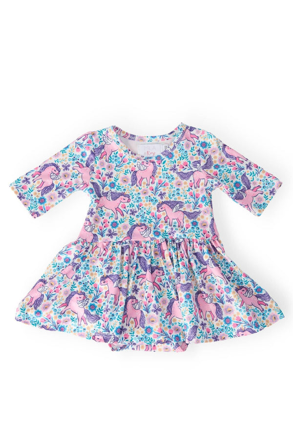 Toddler unicorn twirl bodysuit for girls with sleeves in pink and blue floral print