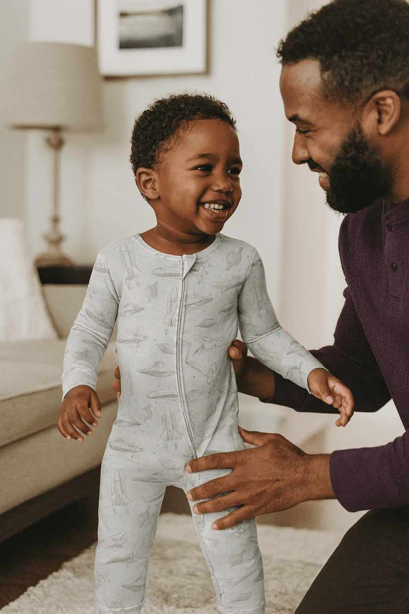 Man and child in a cozy living room setting