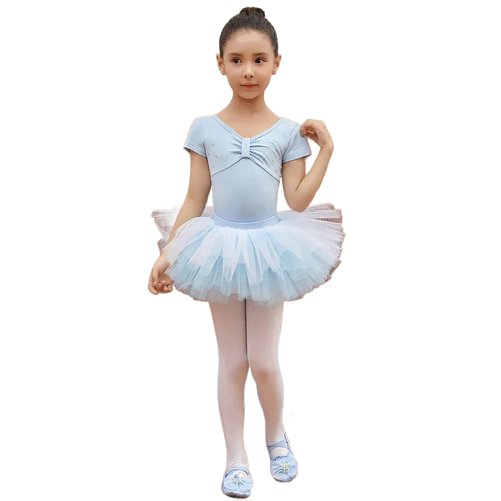 Light blue ballet tutu dress for girls with short sleeves and layered tulle skirt aged 4 to 6