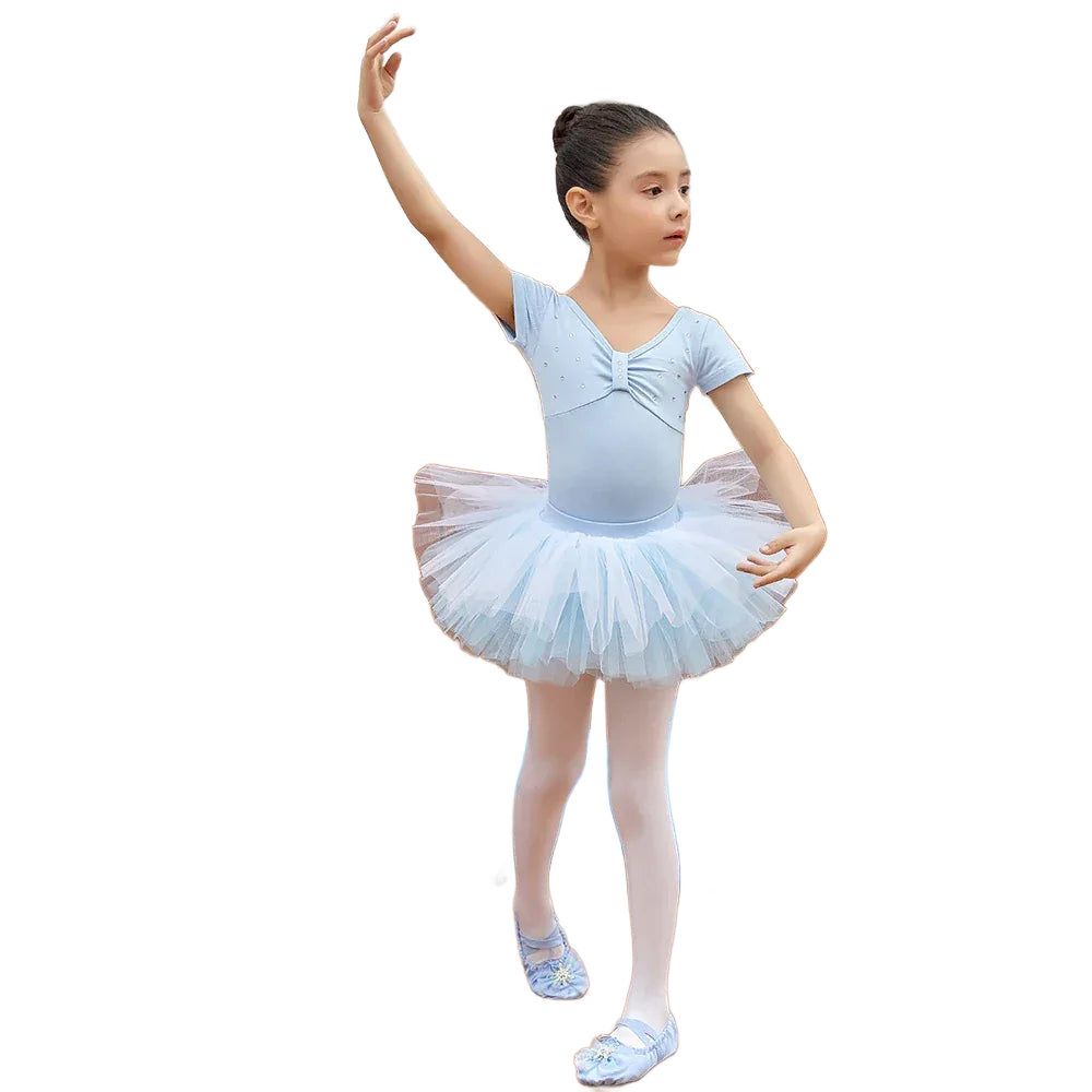 Girls light blue ballet tutu dress with short sleeves and layered tulle skirt for kids