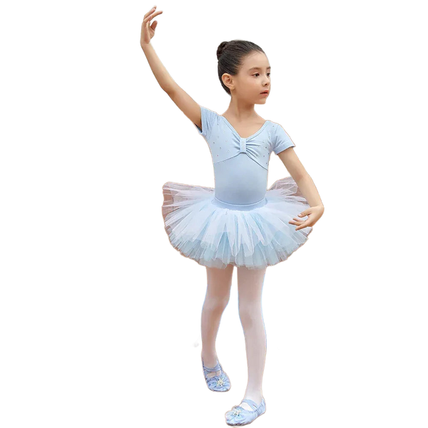 Girls light blue ballet tutu dress with short sleeves and layered tulle skirt for kids