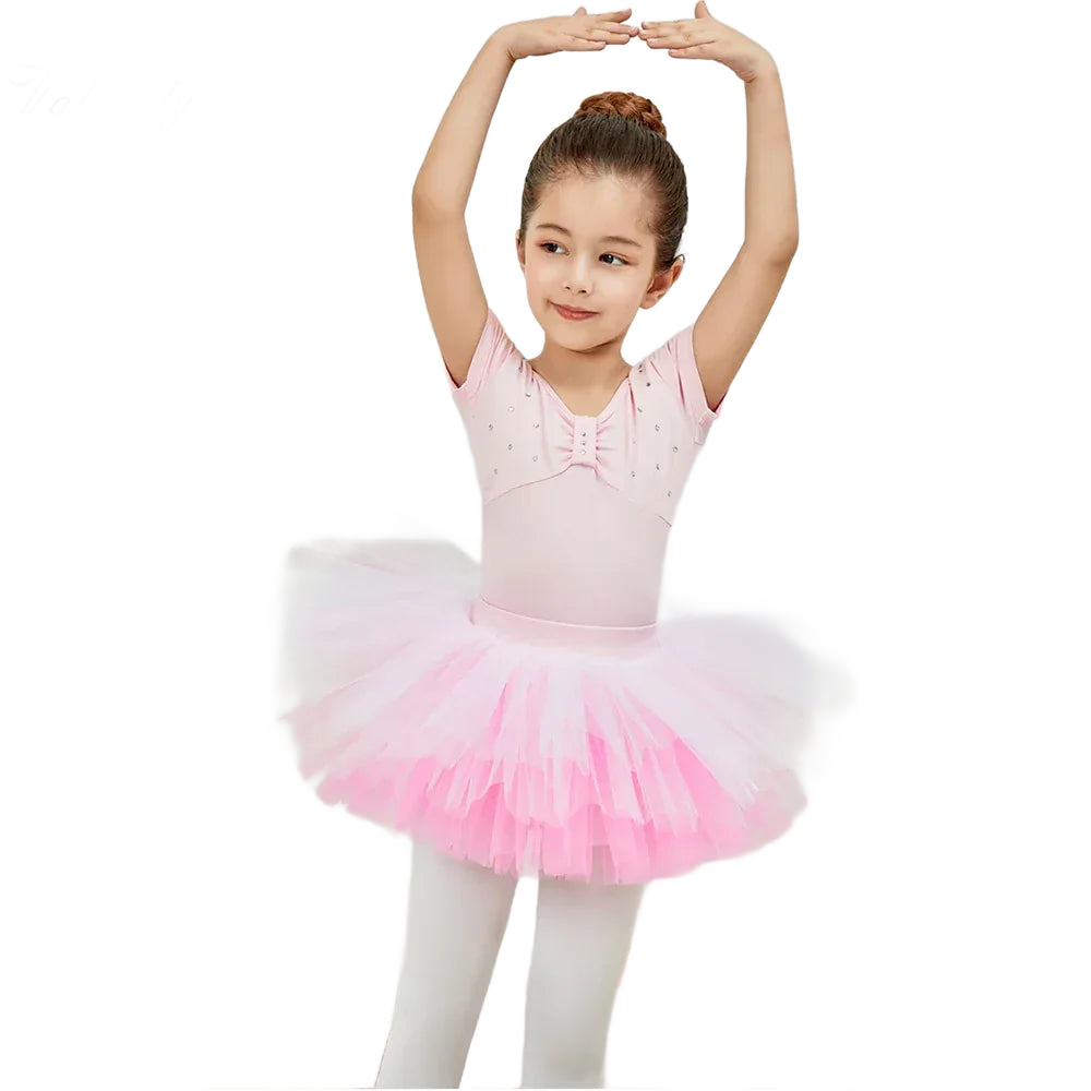 girls pink ballet tutu dress with layered tulle skirt and short sleeves for kids