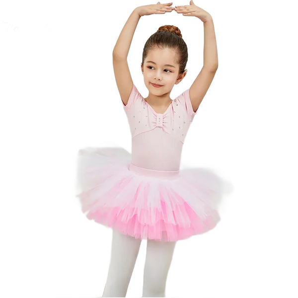 girls pink ballet tutu dress with layered tulle skirt and short sleeves for kids